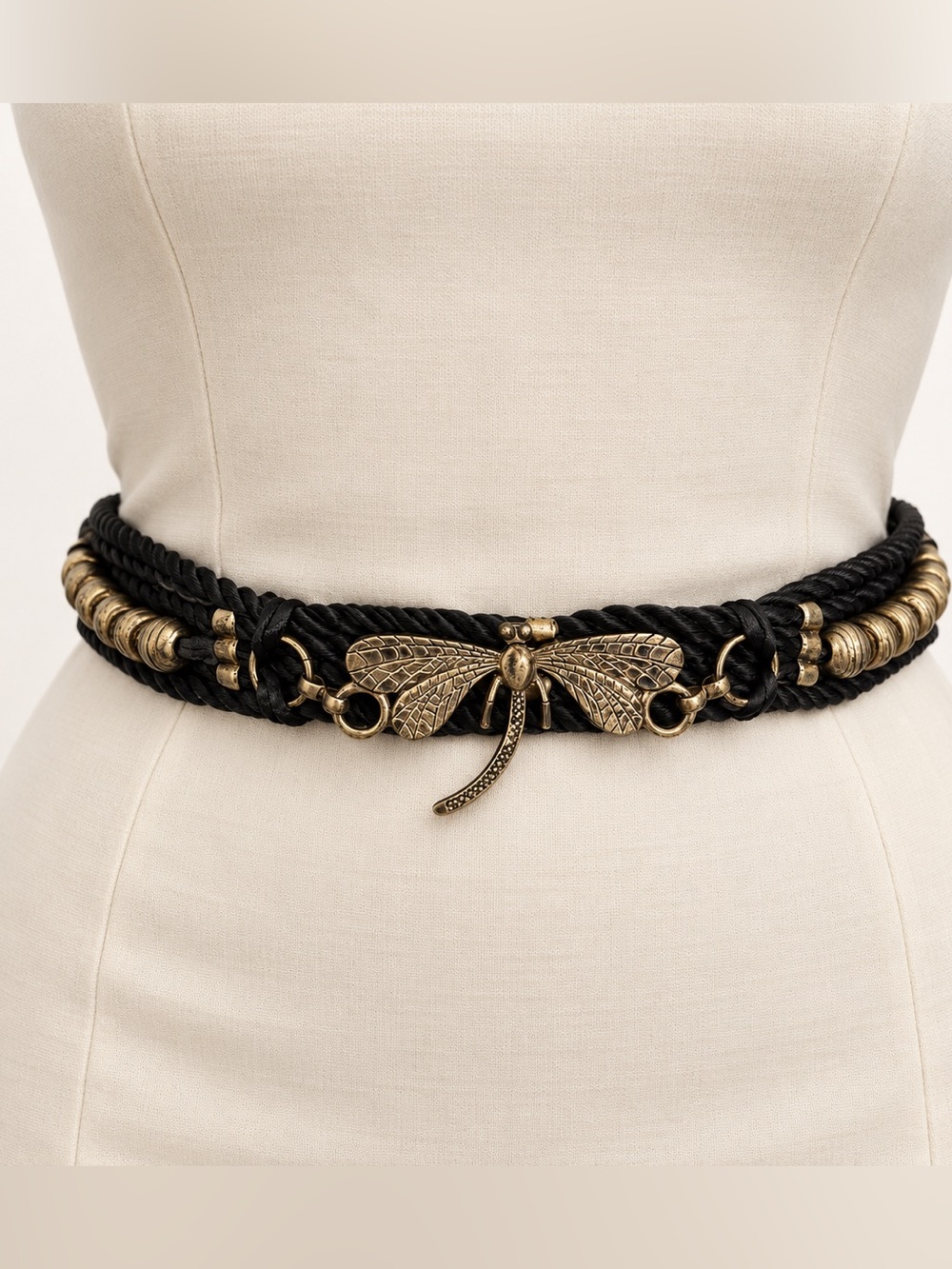 Vintage Dragonfly Black Rope Belt Antique Gold Metal Beaded Adjustable OSFM